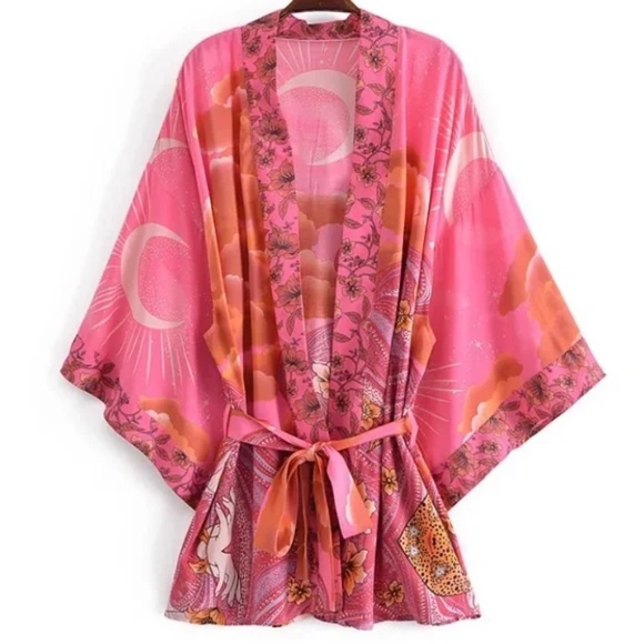 Fuchsia Pink Cosmic Galaxy Moon Boho Short Kimono Coverup Robe - Picture 4 of 9
